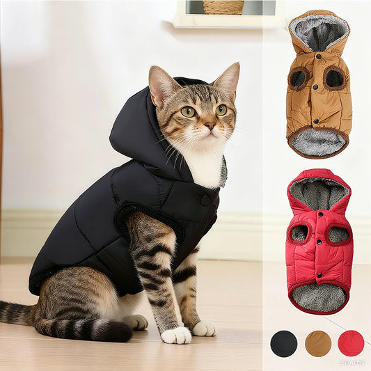 Chaqueta acogedora con capucha para gatos – invierno cálido y seguro